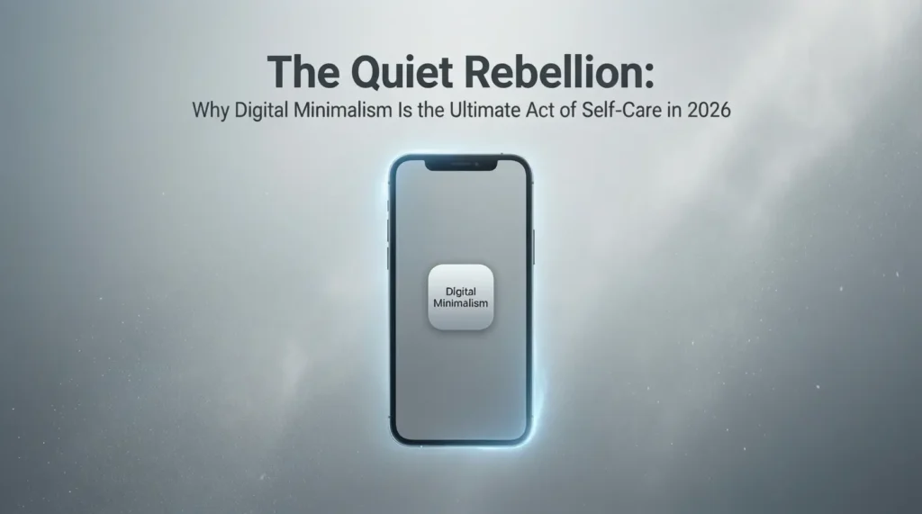 create a thumbnail image about the title "The Quiet Rebellion: Why Digital Minimalism Is the Ultimate Act of Self-Care in 2026"